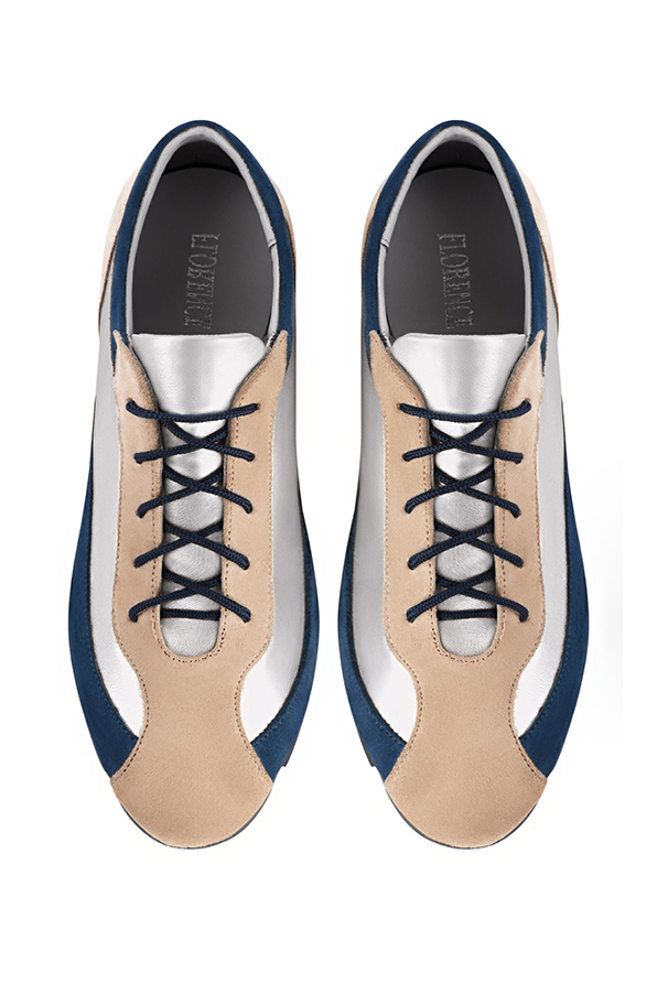 Biscuit beige, light silver and navy blue women's three-tone elegant sneakers. Round toe. Flat rubber soles. Top view - Florence KOOIJMAN